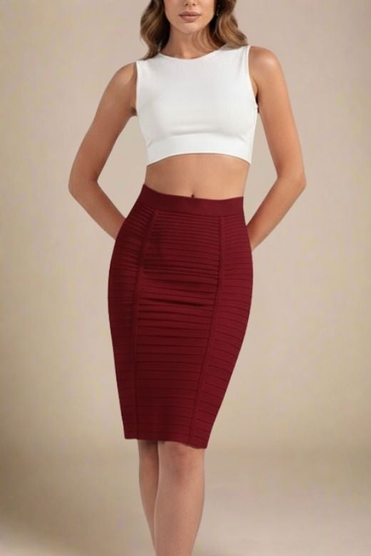 Pencil Bandage Knitted Knee Length Skirt - Red Wine