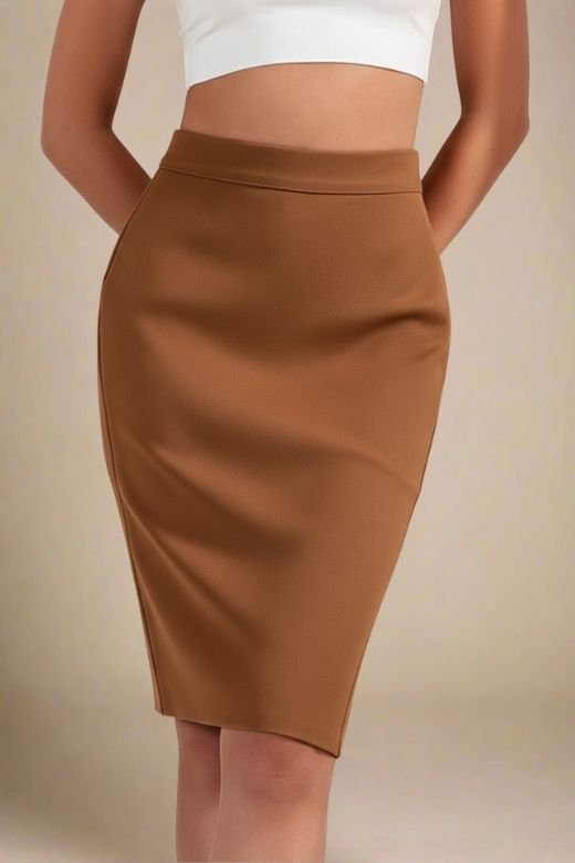 Pencil High Waist Bandage Knee Length Skirt - Tan Brown
