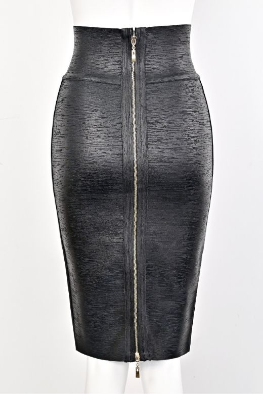 High Waist Leather Pencil Skirt Midi Length - Metallic Black
