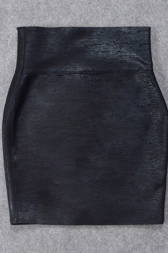High Waist Leather Pencil Skirt Mini Length - Metallic Black