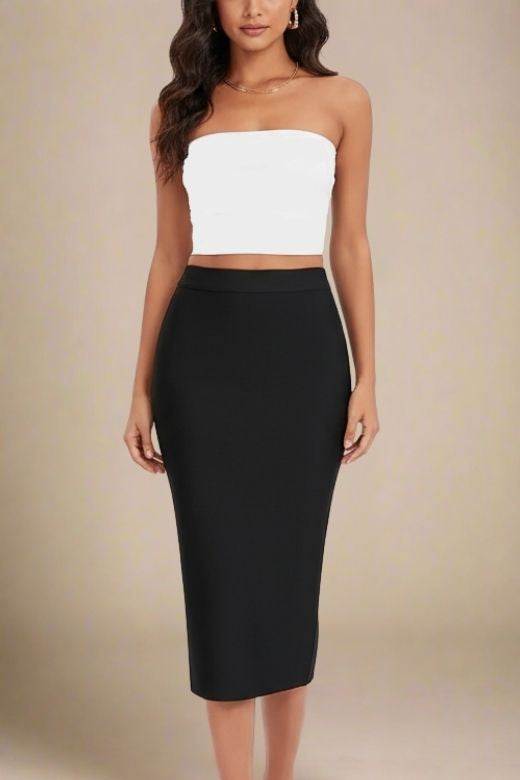 Woman wearing a figure flattering  Pencil High Waist Bandage Midi Skirt - Classic Black BODYCON COLLECTION