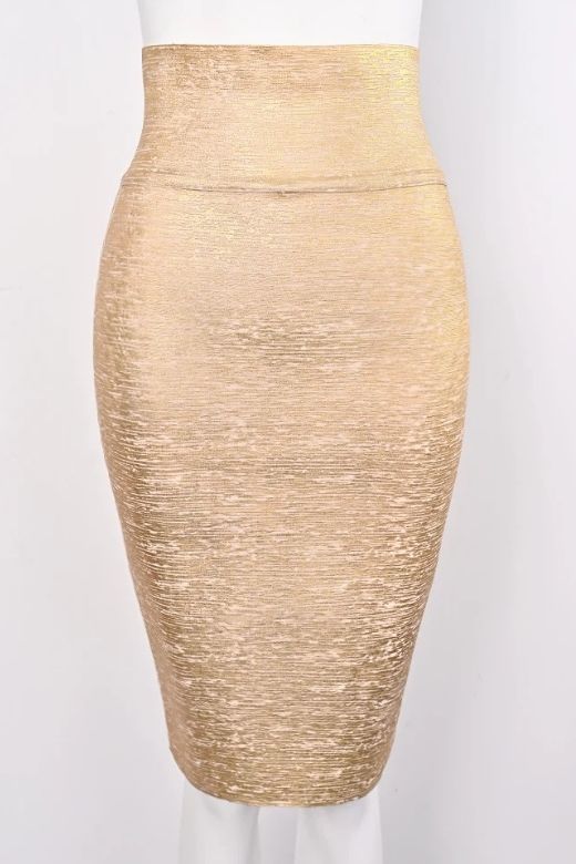 High Waist Leather Pencil Skirt Midi Length - Gold