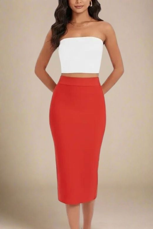 Pencil High Waist Bandage Midi Skirt - Lipstick Red