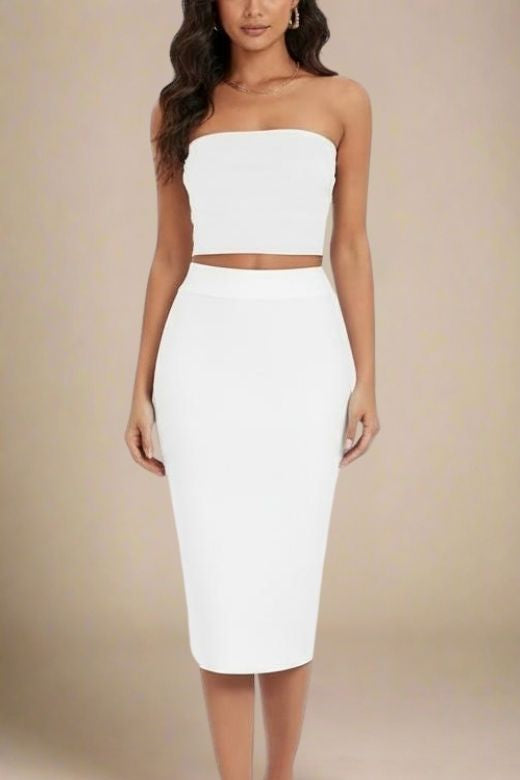Pencil High Waist Bandage Midi Skirt - White Pearl