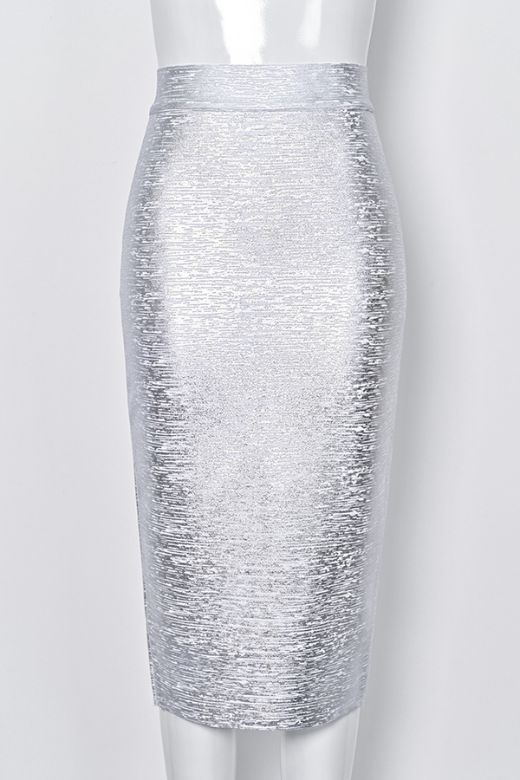 High Waist Leather Pencil Skirt Midi Length - Metallic Silver
