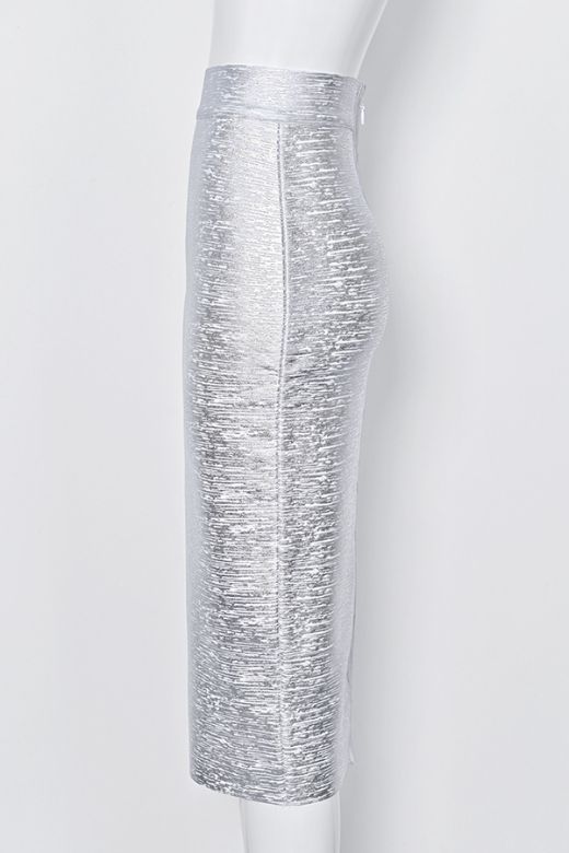 High Waist Leather Pencil Skirt Midi Length - Metallic Silver
