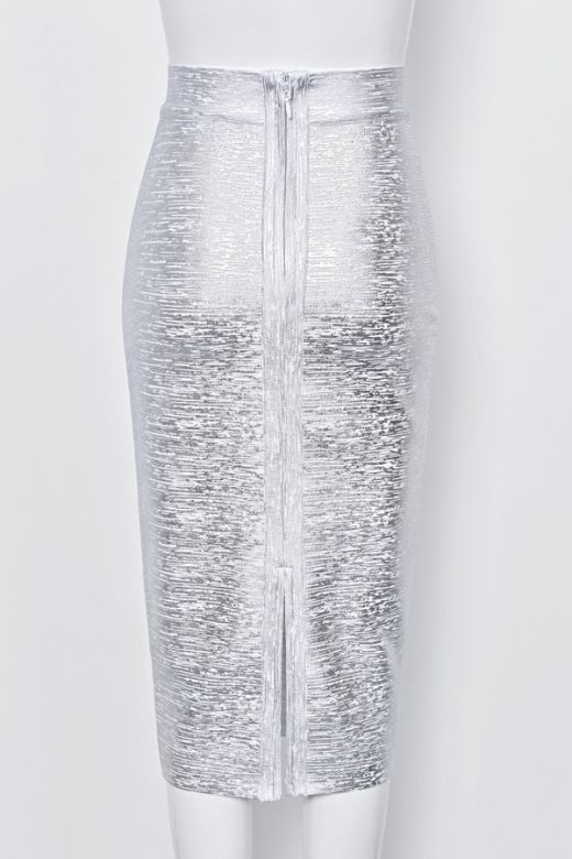 High Waist Leather Pencil Skirt Midi Length - Metallic Silver