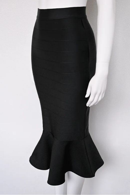 Peplum High Waist Bandage Midi Skirt - Classic Black