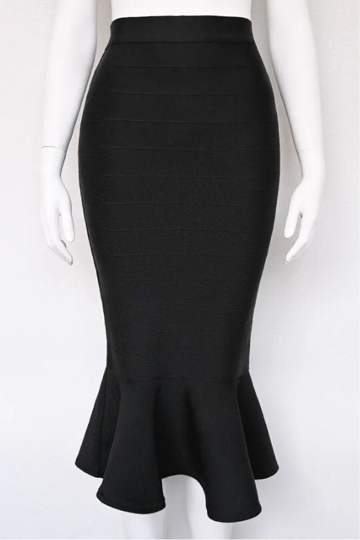Peplum High Waist Bandage Midi Skirt - Classic Black