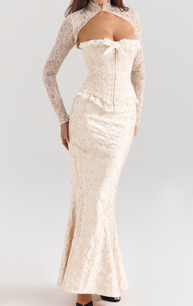 Metallic Jacquard Corset & Bolero & Maxi Skirt