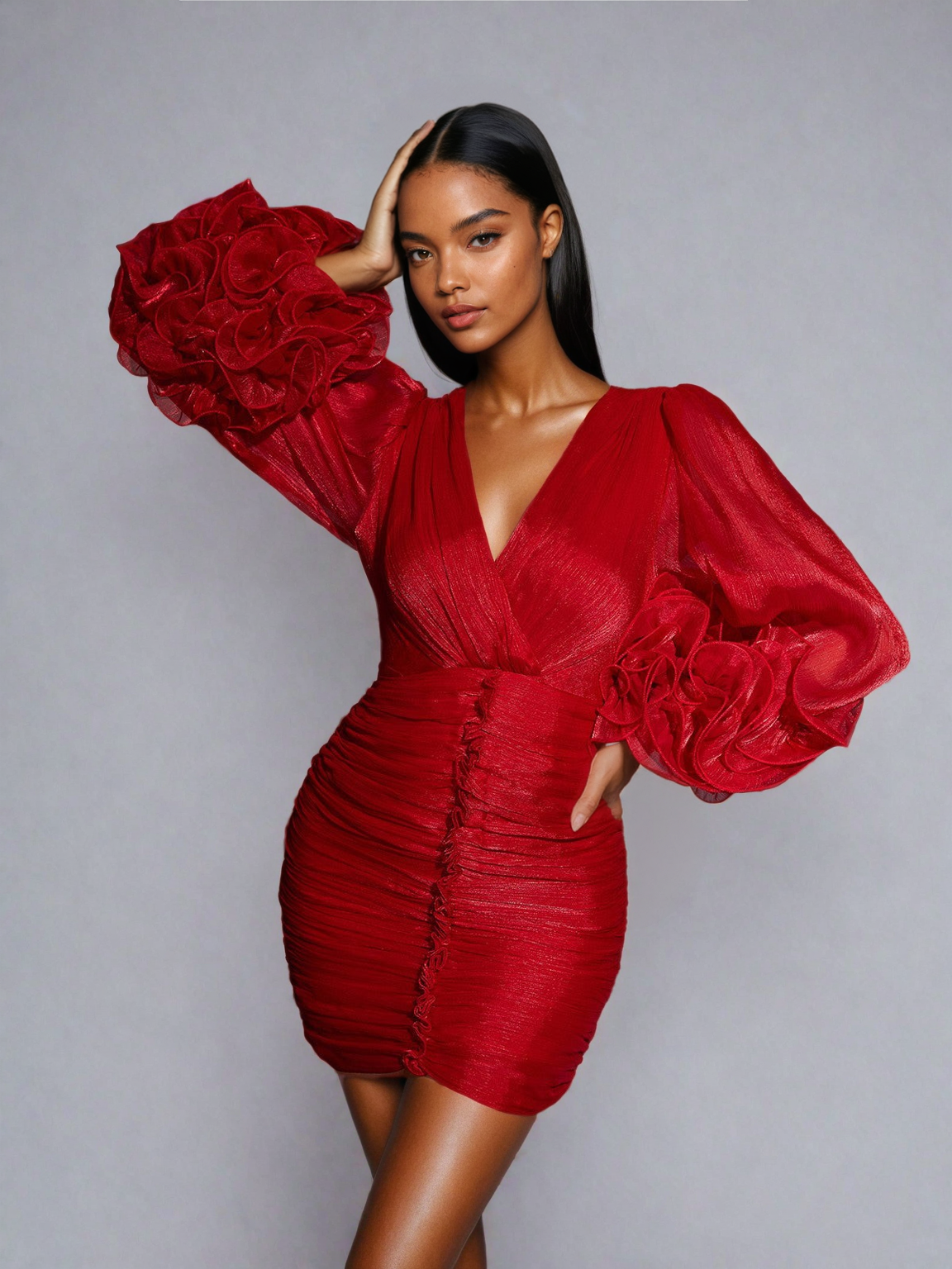 V Neck Ruched Mini Dress In Red