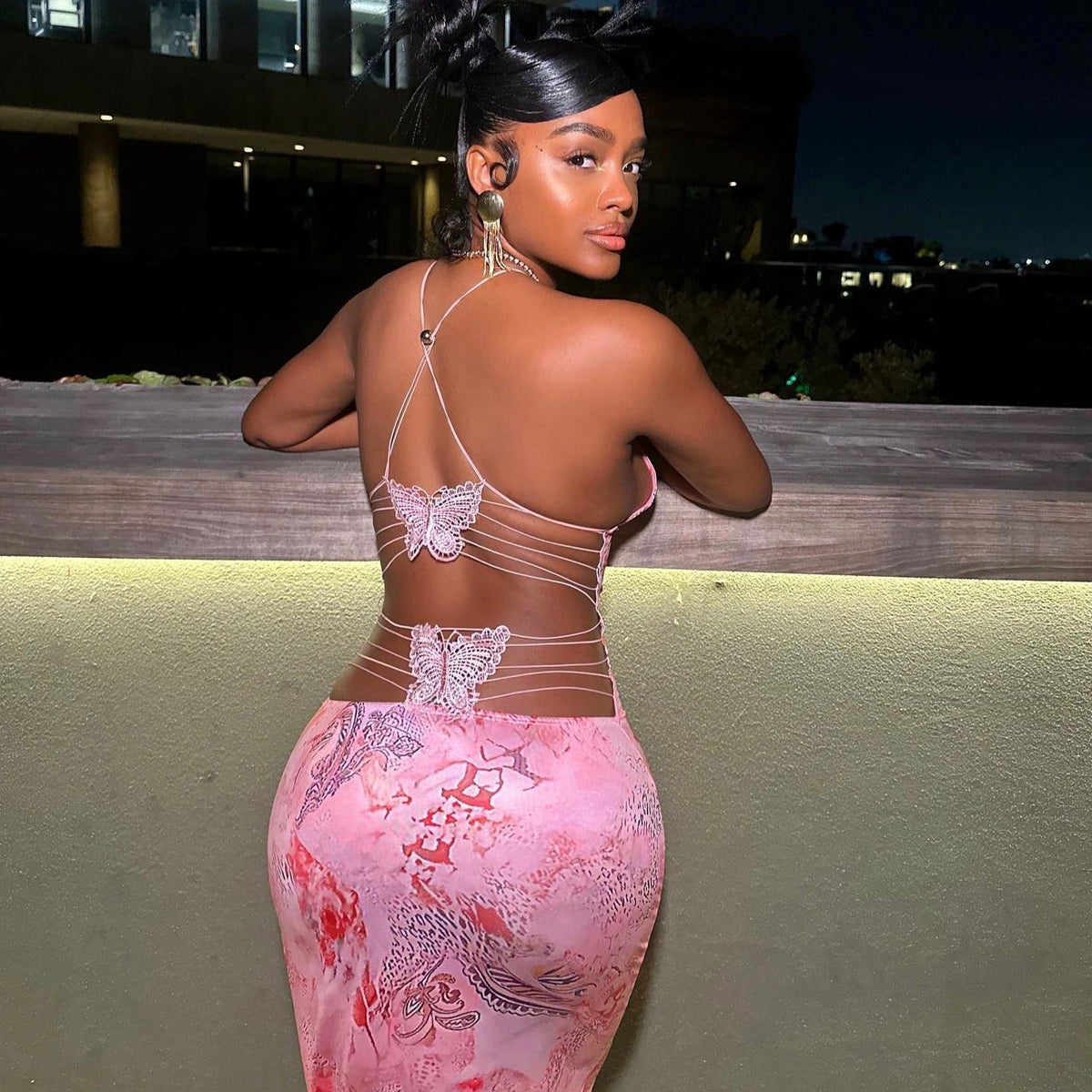 Pink Halter Backless Butterfly Applique Strappy Print Maxi Dress 9