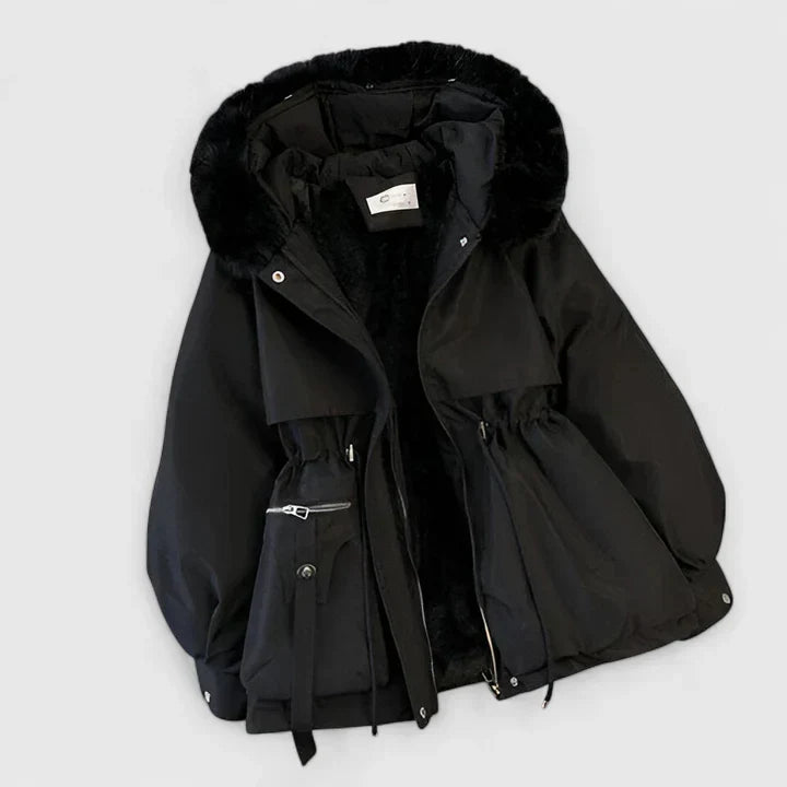 Faux Fur Hooded Fleece-Lined Drawstring Waist Parka Jacket