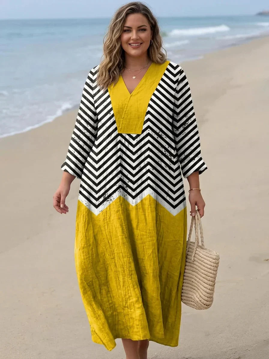 V-Neck Chevron Stripe Colorblock Three-Quarter Sleeve A-Line Midi Dress
