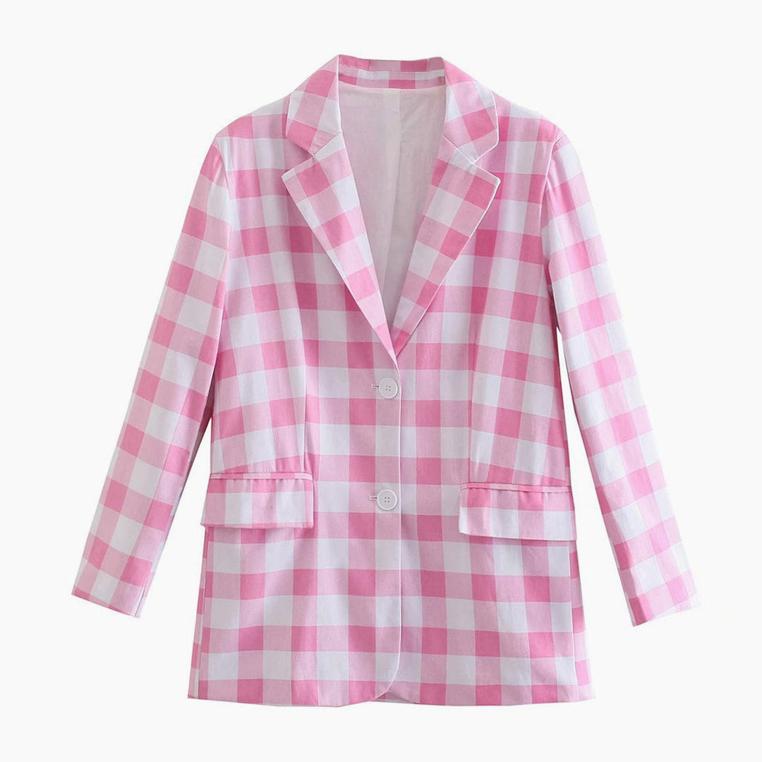 Pink Gingham Plaid Blazer and Pleated Mini Skirt Set