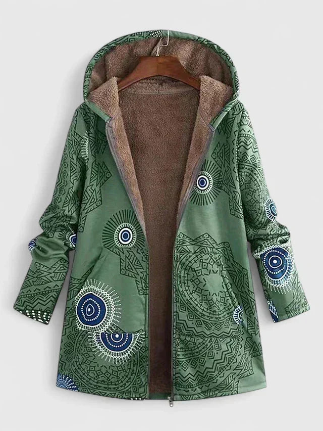 Hooded Floral Print Fleece Lined Zip Up Jacket