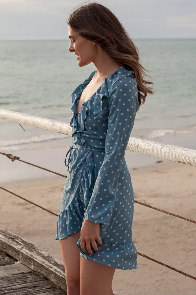 Blue Polka Dot Ruffle V-Neck Long Sleeve Wrap Mini Dress