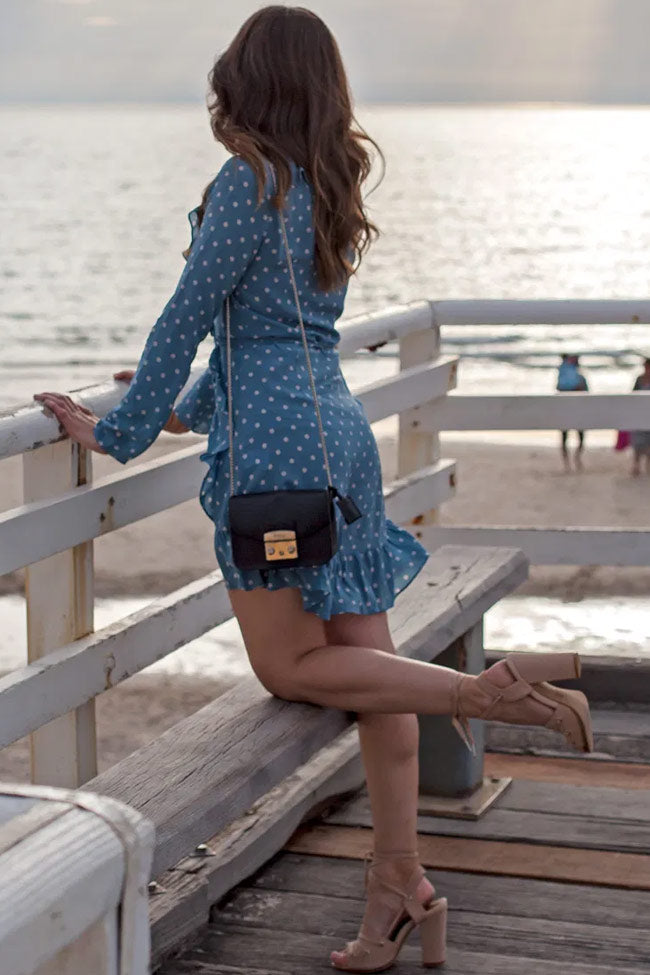 Blue Polka Dot Ruffle V-Neck Long Sleeve Wrap Mini Dress