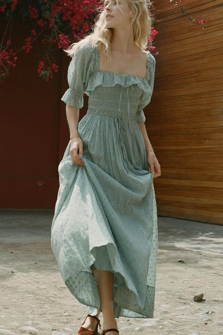 Sage Green Square Neck Puff Sleeve Smocked Swiss Dot Flowy Maxi Dress
