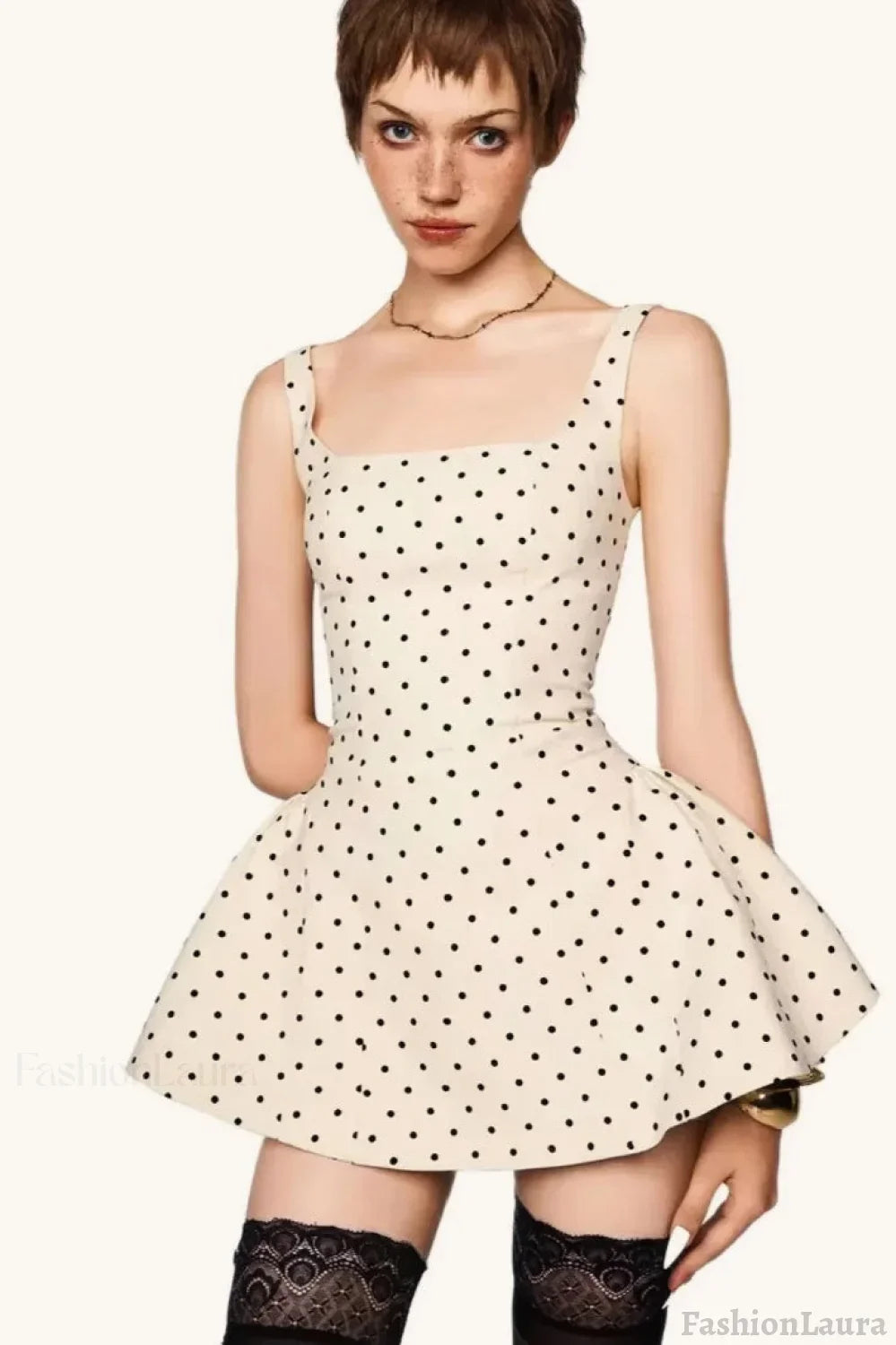 White Polka Dot Square Neck Cami Mini Dress