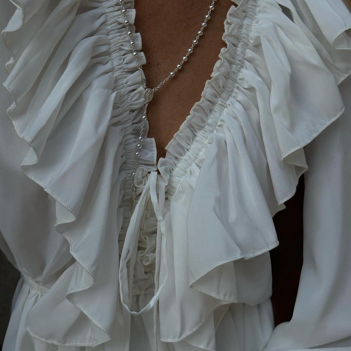 White V-Neck Ruffle Trim Long Sleeve Tiered Flowy Mini Dress 7
