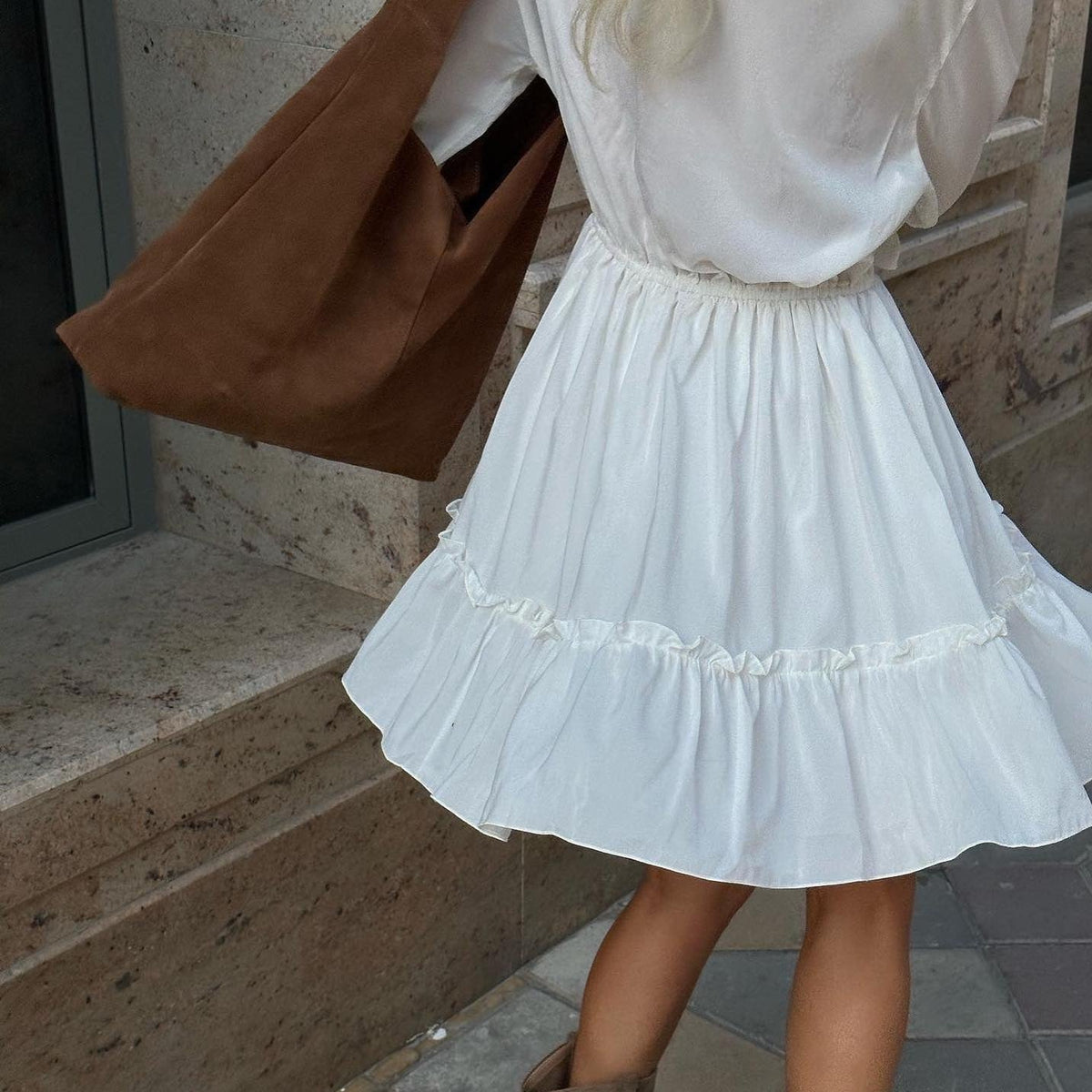 White V-Neck Ruffle Trim Long Sleeve Tiered Flowy Mini Dress 6