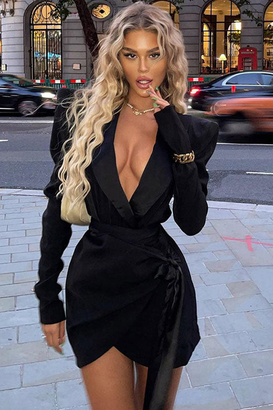 Black Lapel Deep V Long Sleeve Shoulder Pad Wrap Blazer Mini Dress