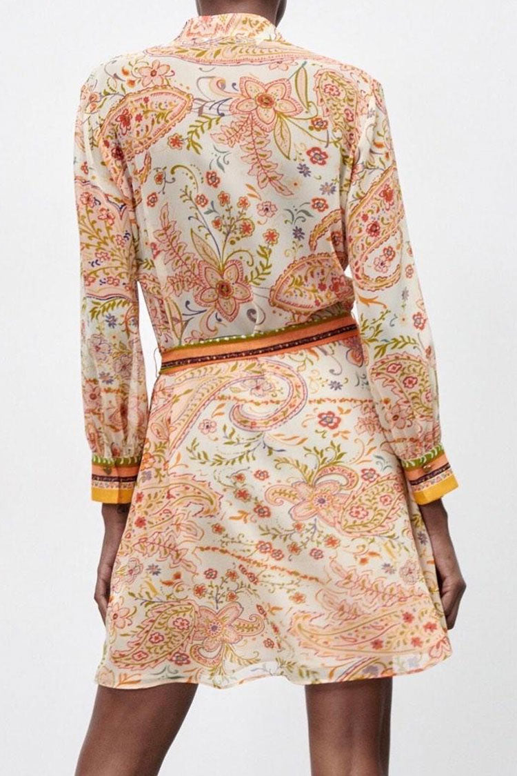 Floral Collared V-Neck Paisley Print Long Sleeve Belted Shirt Mini Dress