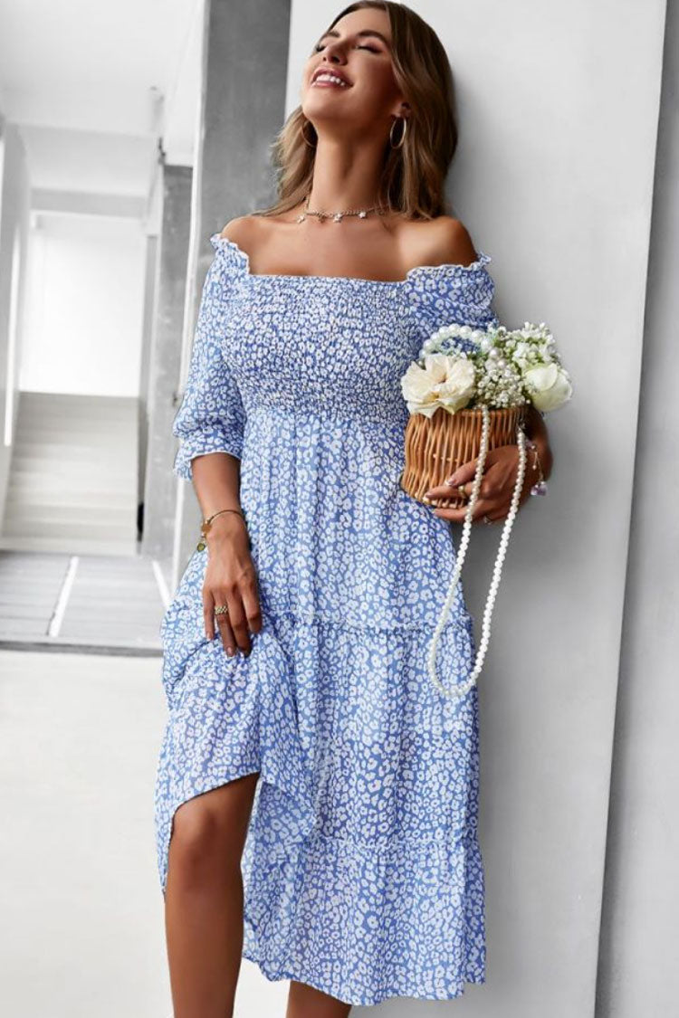 Blue Off-Shoulder Smocked Floral Flounce Sleeve Tiered Midi Dress 2