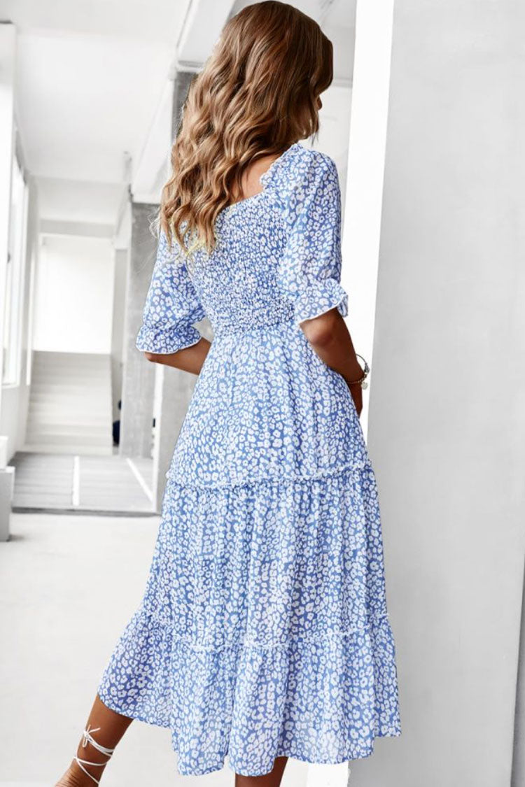 Blue Off-Shoulder Smocked Floral Flounce Sleeve Tiered Midi Dress 3