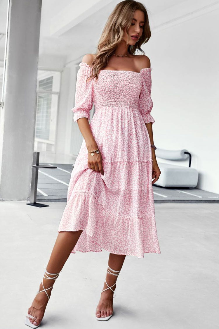 Pink Off-Shoulder Smocked Floral Flounce Sleeve Tiered Midi Dress