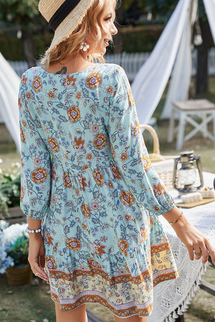 Blue Tie Neck Long Sleeve Floral Tassel Tiered Boho Mini Dress