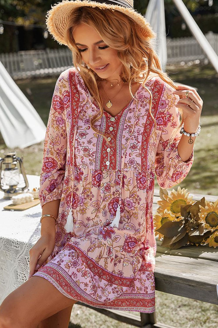 Pink Tie Neck Half Button Floral Print Long Sleeve Boho Mini Dress