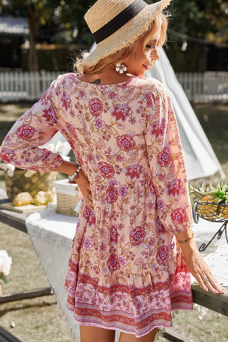 Pink Tie Neck Half Button Floral Print Long Sleeve Boho Mini Dress