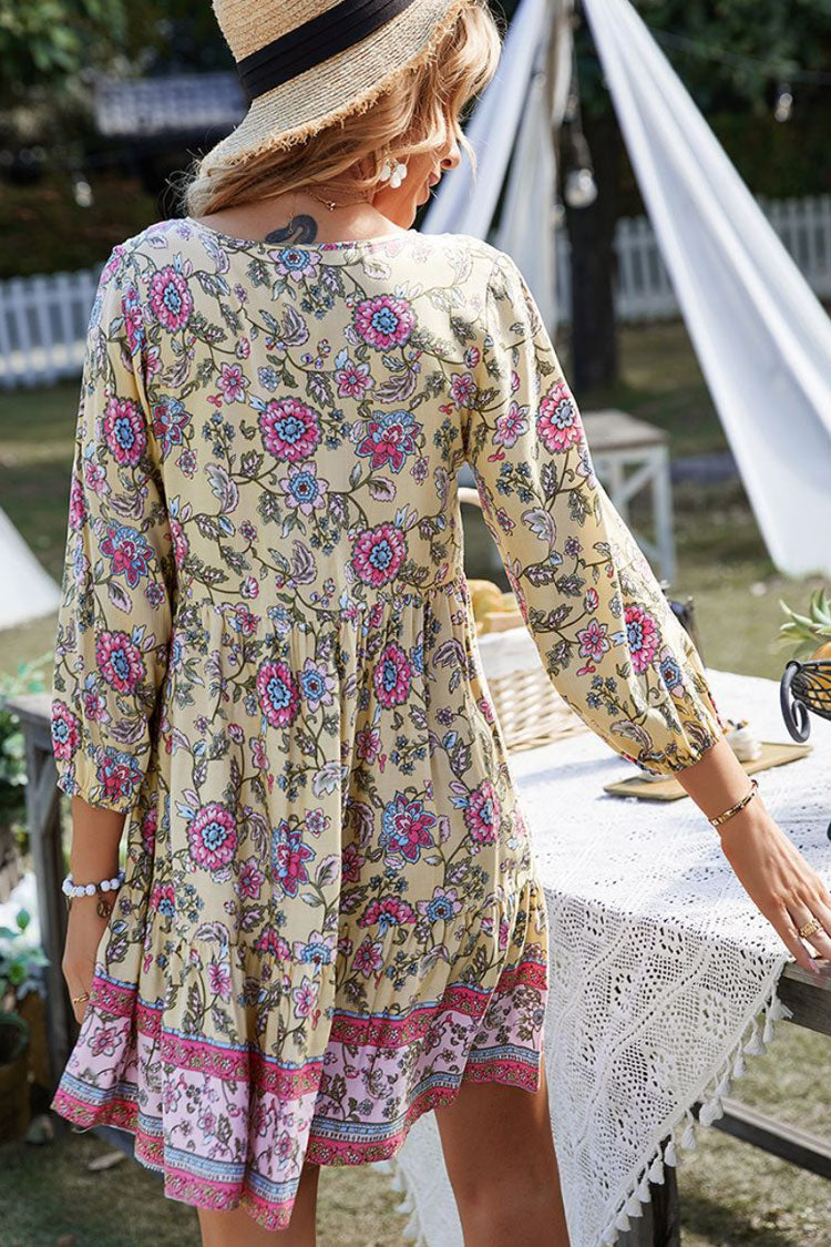 Yellow Tie Neck Half Button Floral Print Long Sleeve Boho Mini Dress