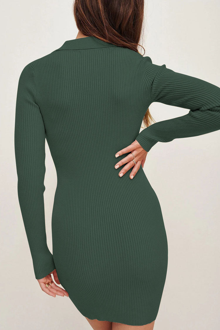 Green Collared V-Neck Long Sleeve Ribbed Knit Bodycon Mini Dress 3