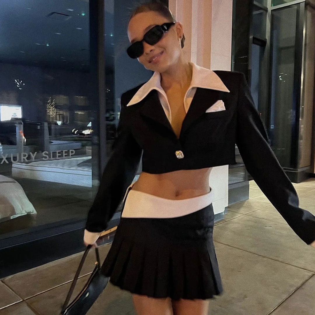 Black Contrast Collar Crop Blazer Pleated Mini Skirt Matching Set