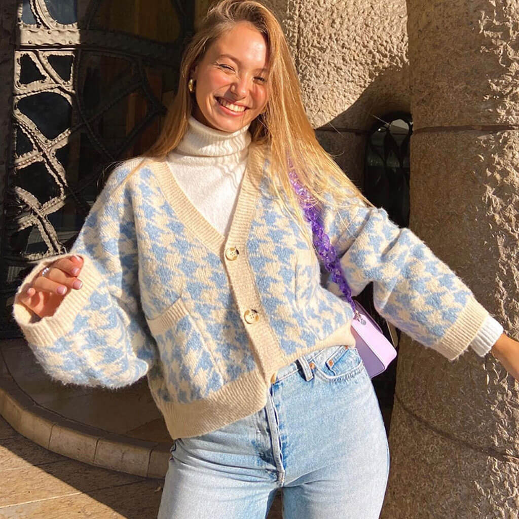 Blue Houndstooth V-Neck Button Up Long Sleeve Knit Cardigan