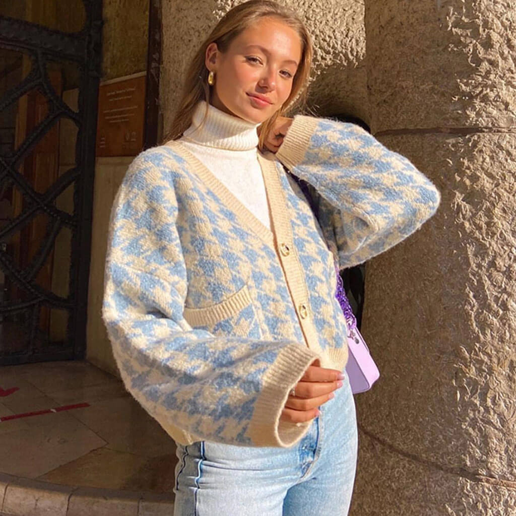 Blue Houndstooth V-Neck Button Up Long Sleeve Knit Cardigan