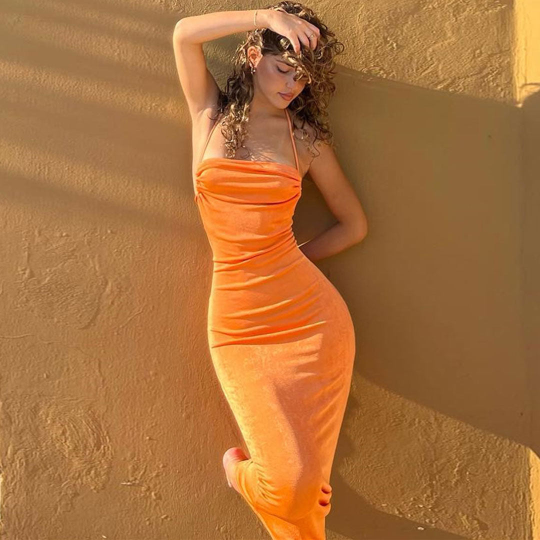 Bright Orange Tie Strap Scoop Neck Backless Draped Bodycon Maxi Dress