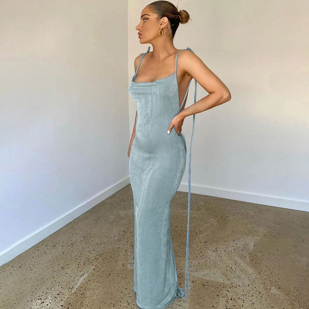 Denim Blue Tie Strap Scoop Neck Backless Draped Bodycon Maxi Dress