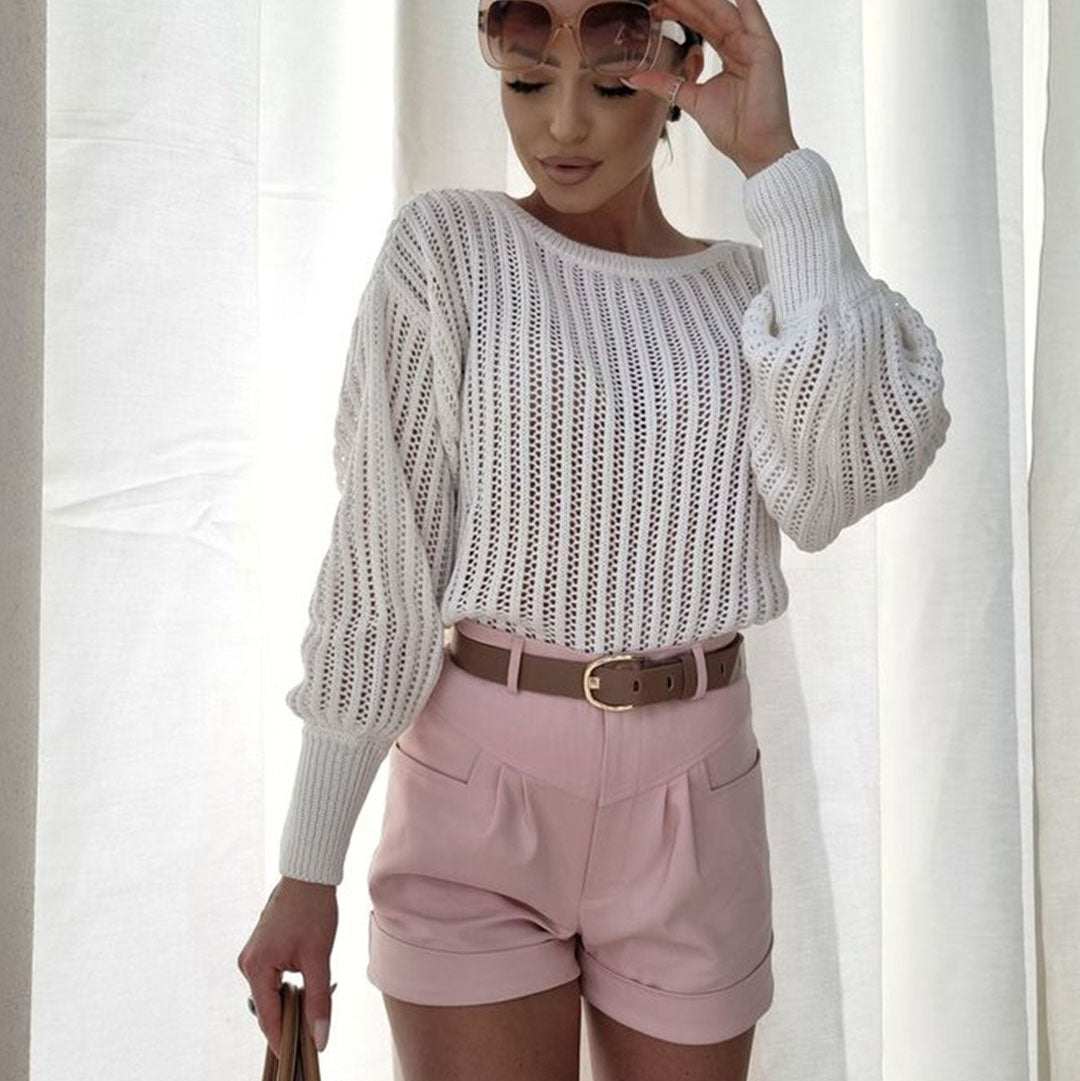 White Pointelle Knit Drop Shoulder Bishop Sleeve Crew Neck Sweater