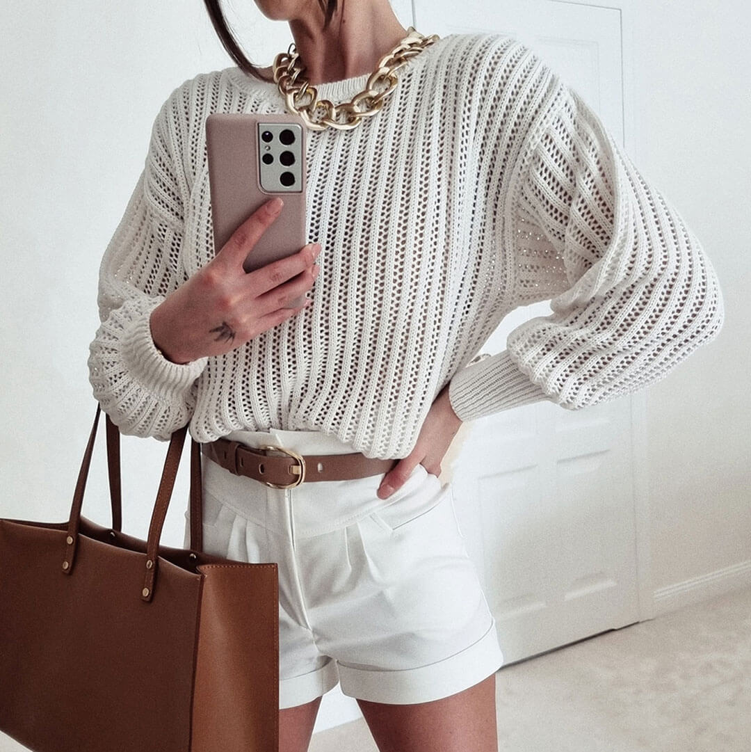 White Pointelle Knit Drop Shoulder Bishop Sleeve Crew Neck Sweater