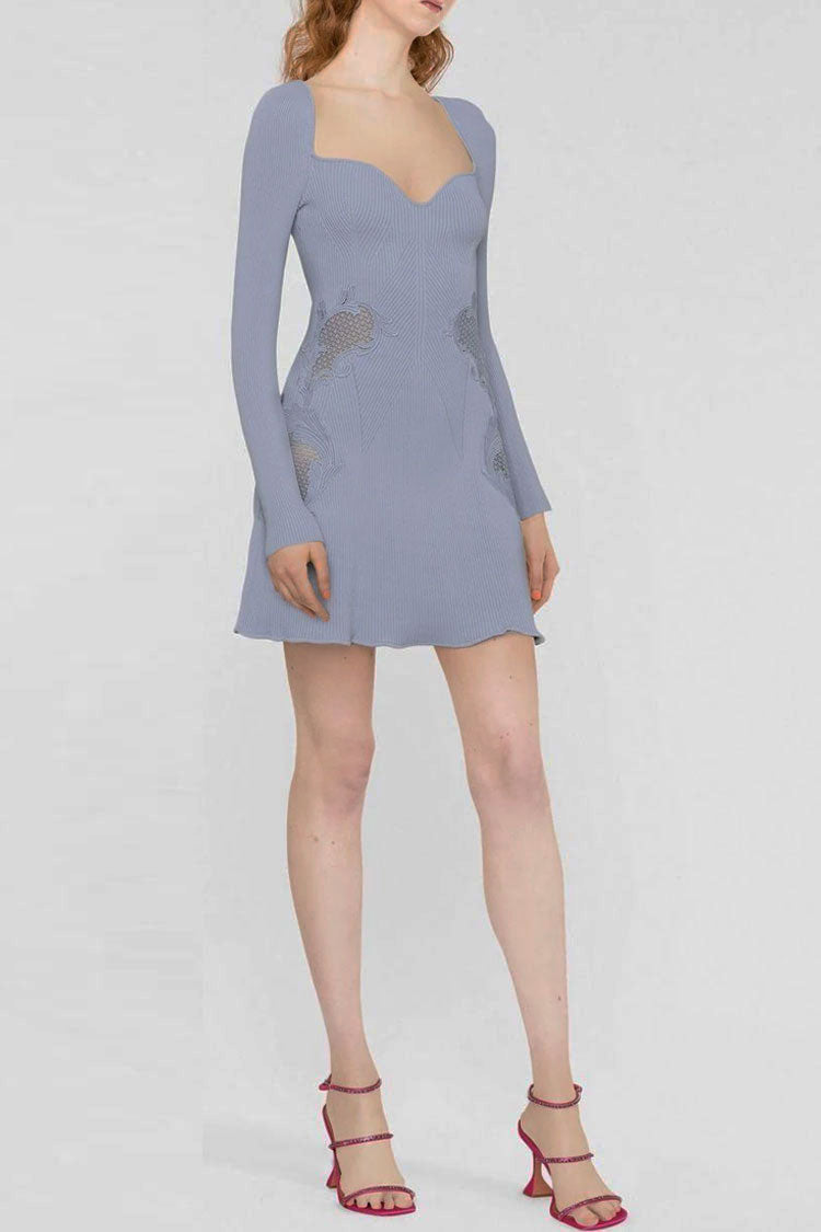 Blue Sweetheart Neck Long Sleeve Ribbed Knit Lace Inset A-Line Mini Dress