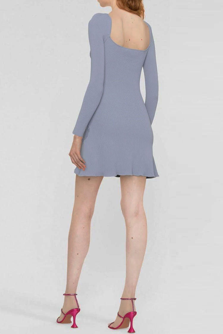 Blue Sweetheart Neck Long Sleeve Ribbed Knit Lace Inset A-Line Mini Dress