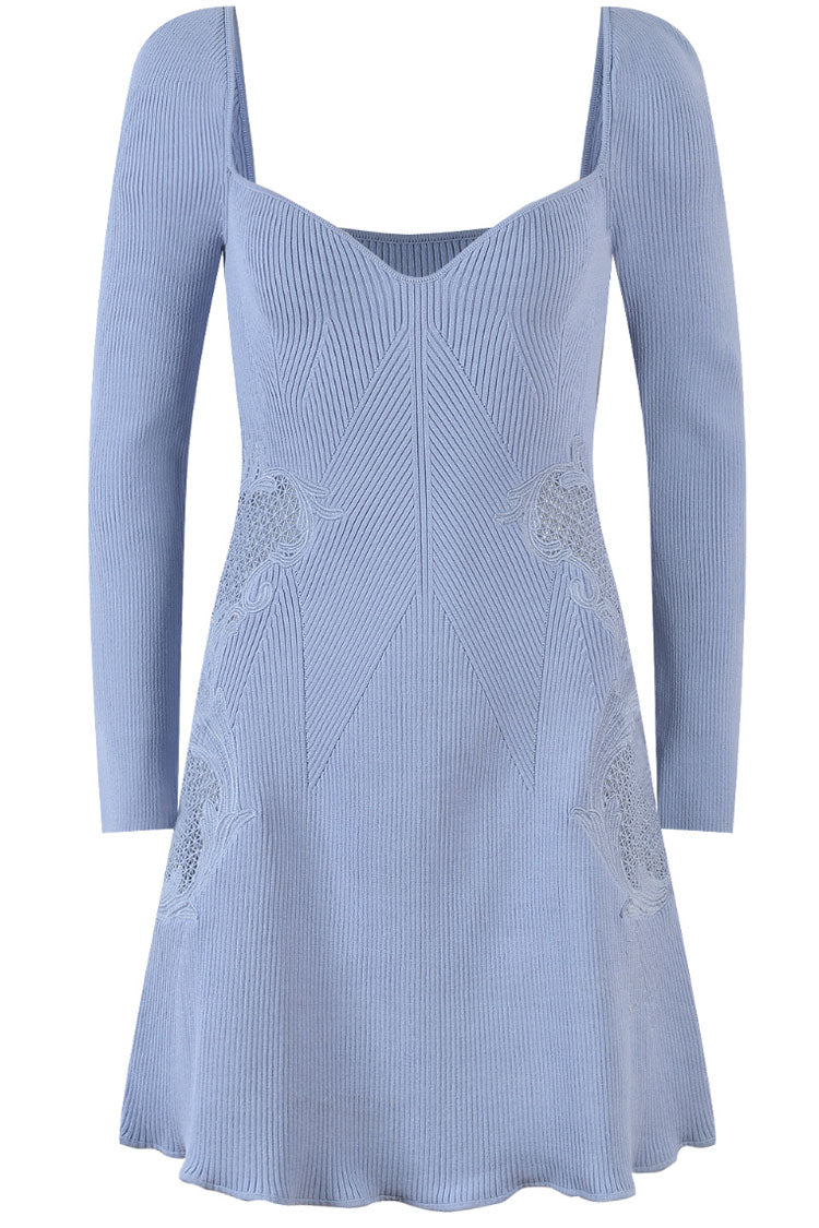 Blue Sweetheart Neck Long Sleeve Ribbed Knit Lace Inset A-Line Mini Dress