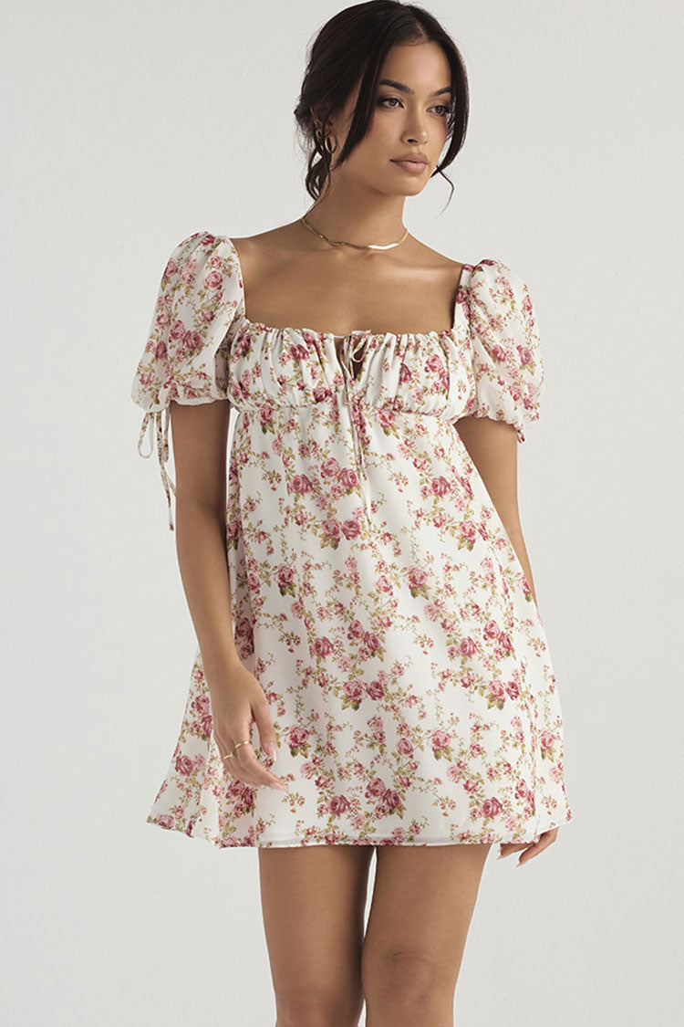 Floral Sweetheart Neck Floral Puff Sleeve Tie Front Babydoll Mini Dress