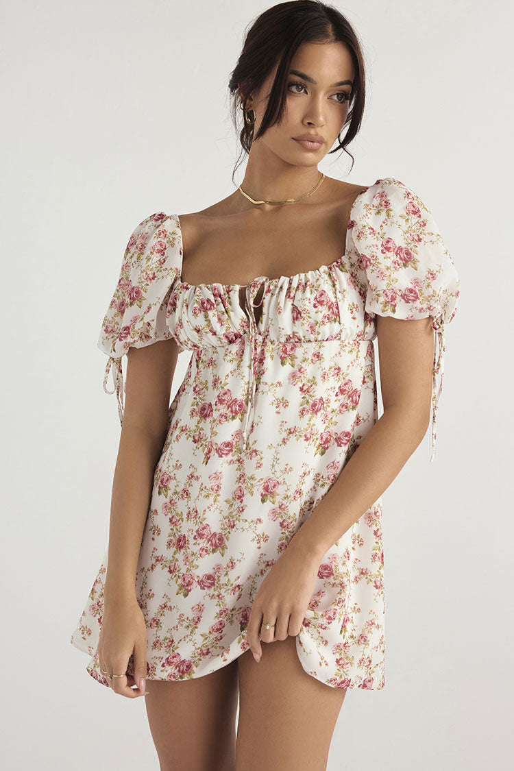 Floral Sweetheart Neck Floral Puff Sleeve Tie Front Babydoll Mini Dress