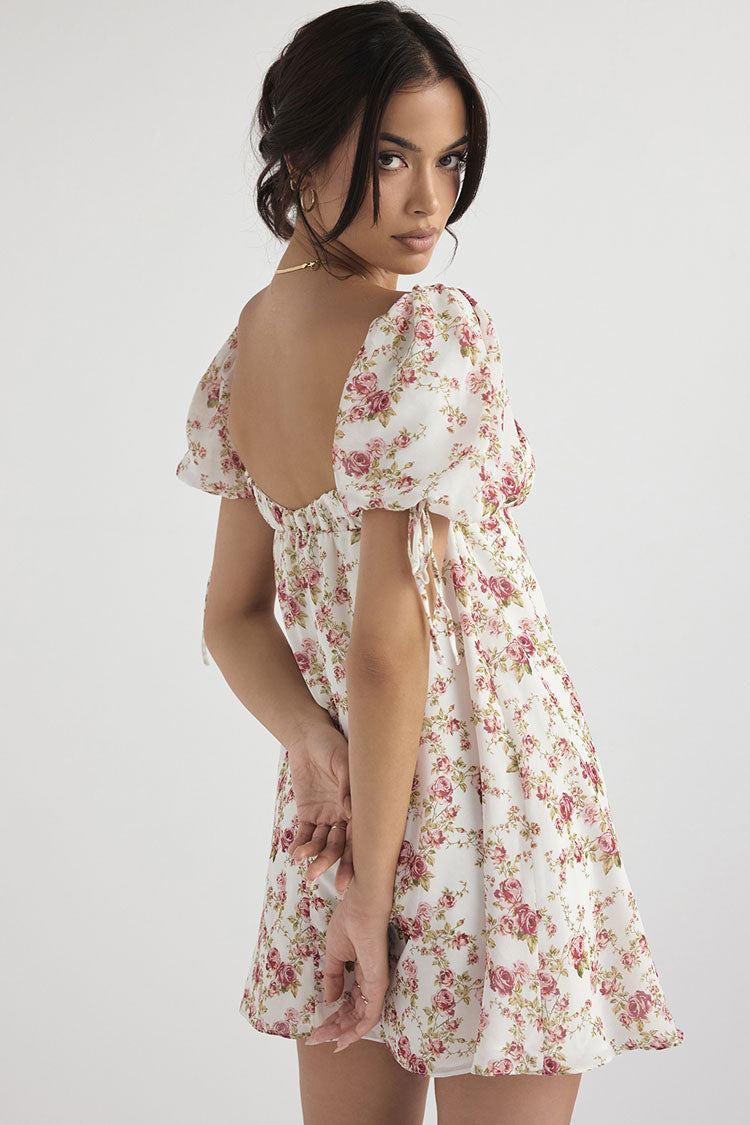 Floral Sweetheart Neck Floral Puff Sleeve Tie Front Babydoll Mini Dress