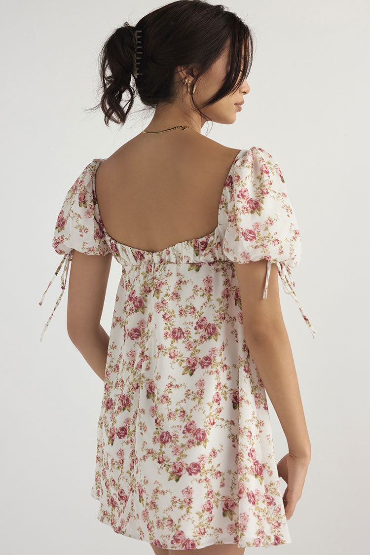 Floral Sweetheart Neck Floral Puff Sleeve Tie Front Babydoll Mini Dress